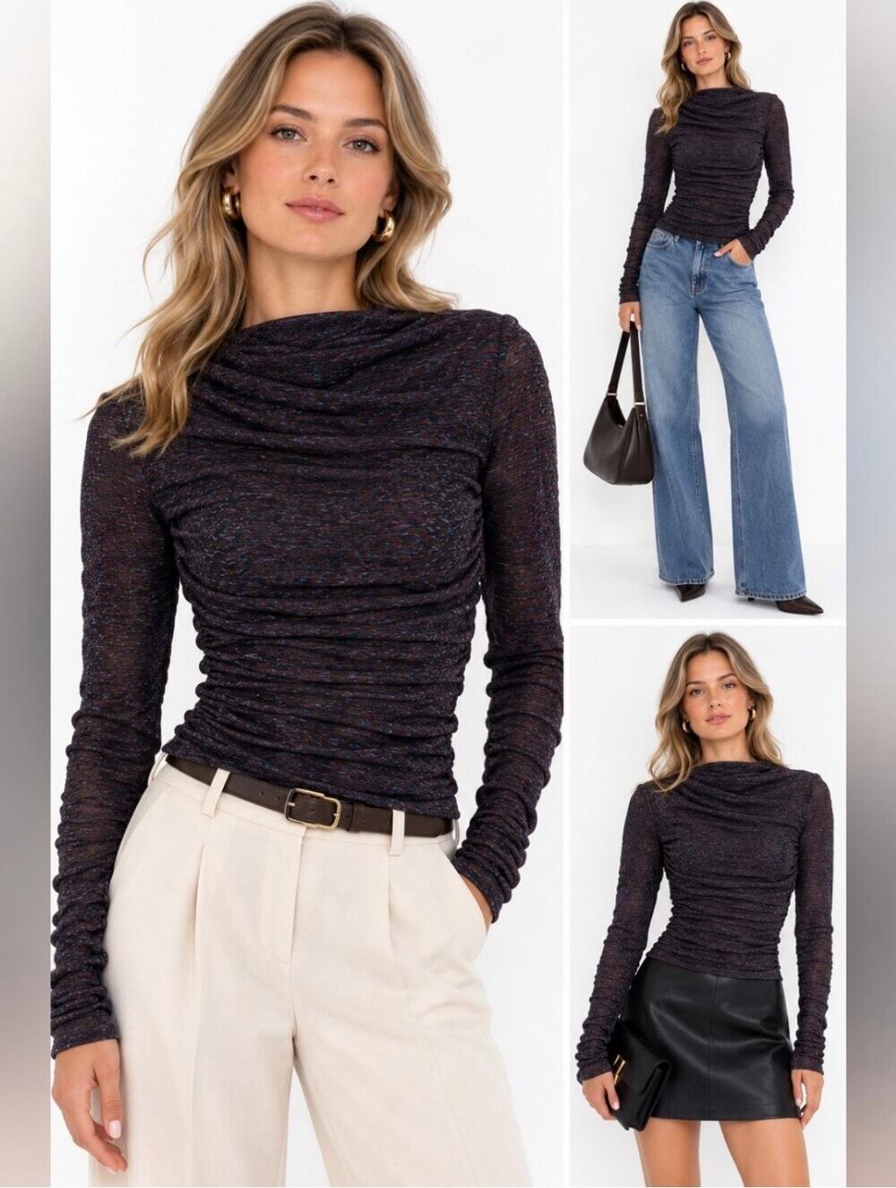 NICHOLAS Joey Funnel Shirred Long Sleeve Top
